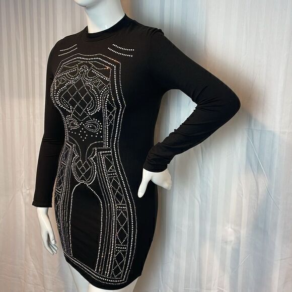 Say What? Rhinestone Embellished Beaded black Bodycon Dress Size L RefI60 - Picture 6 of 9